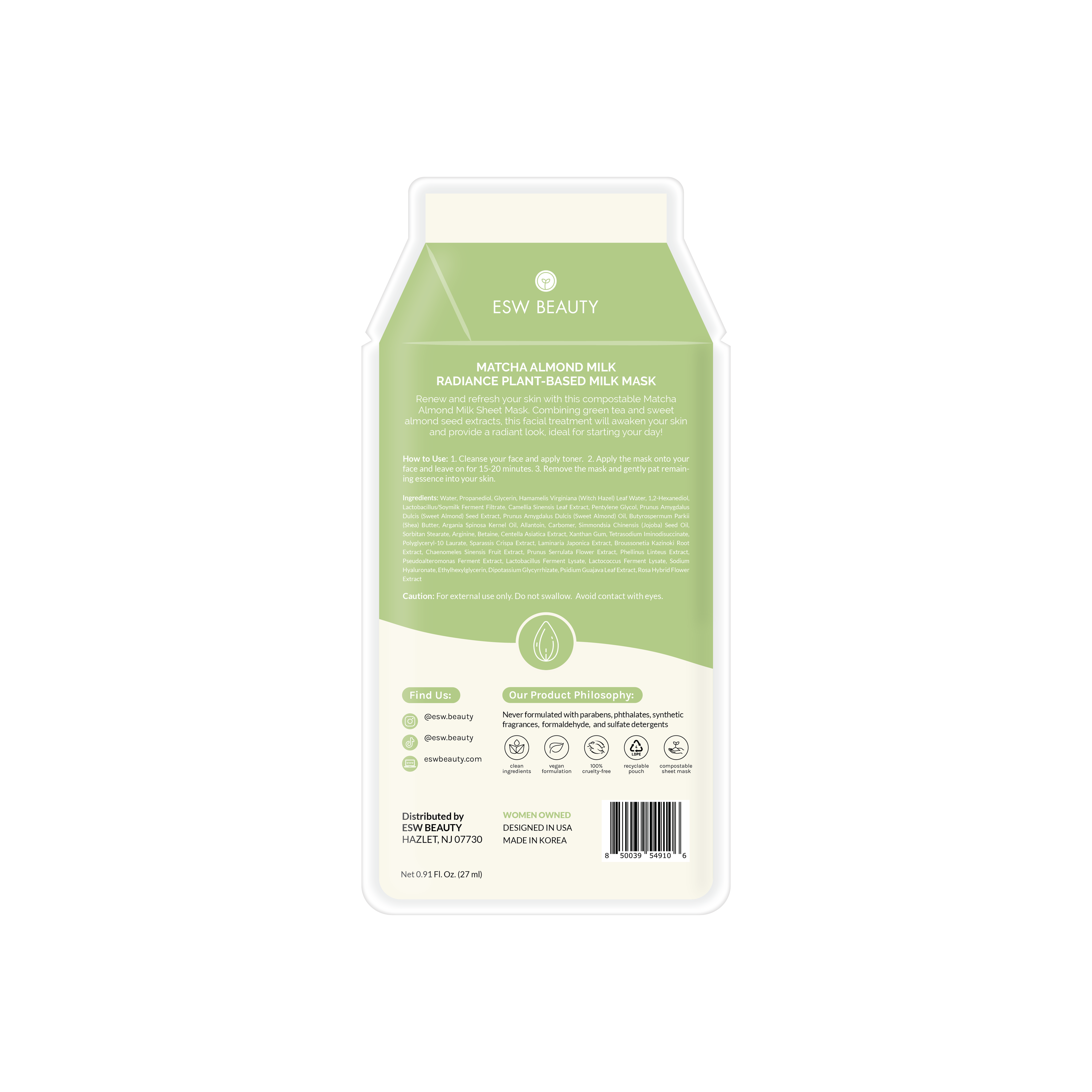 Matcha Almond Milk Radiance Plant-Based Milk Sheet Mask - Pooka Pure and Simple
