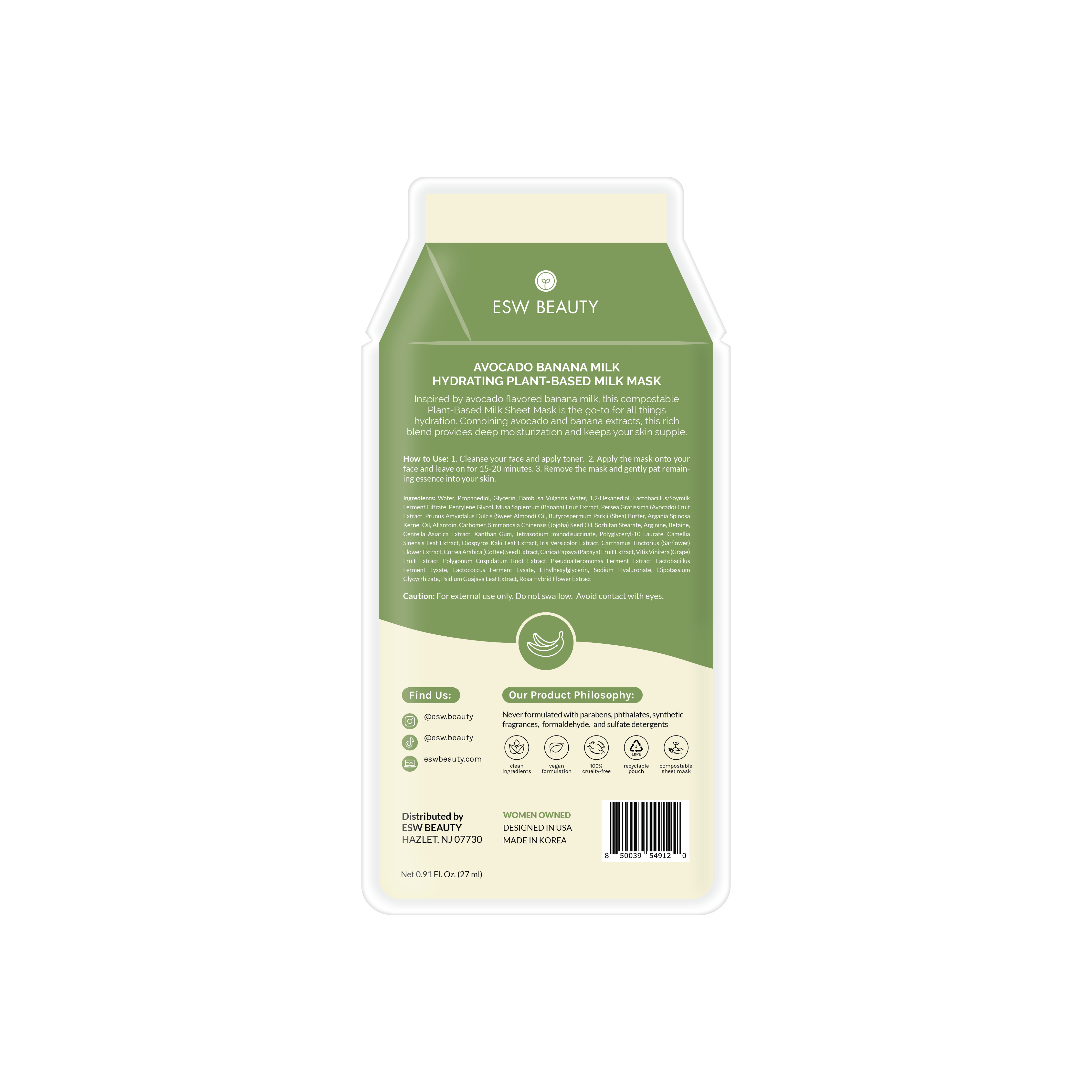 Avocado Banana Milk Hydrating Plant-Based Milk Sheet Mask - Pooka Pure and Simple